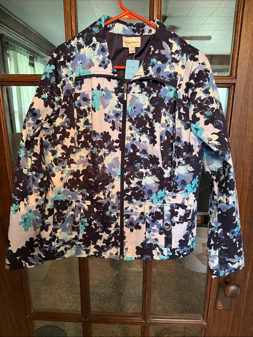 Studio Works Blue Floral Watercolor Zip Up Jacket Women Large Lined Cotton Blend